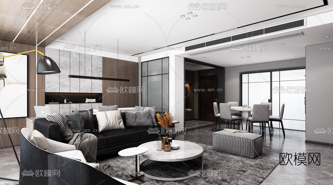 现代高级灰客厅餐厅3d模型