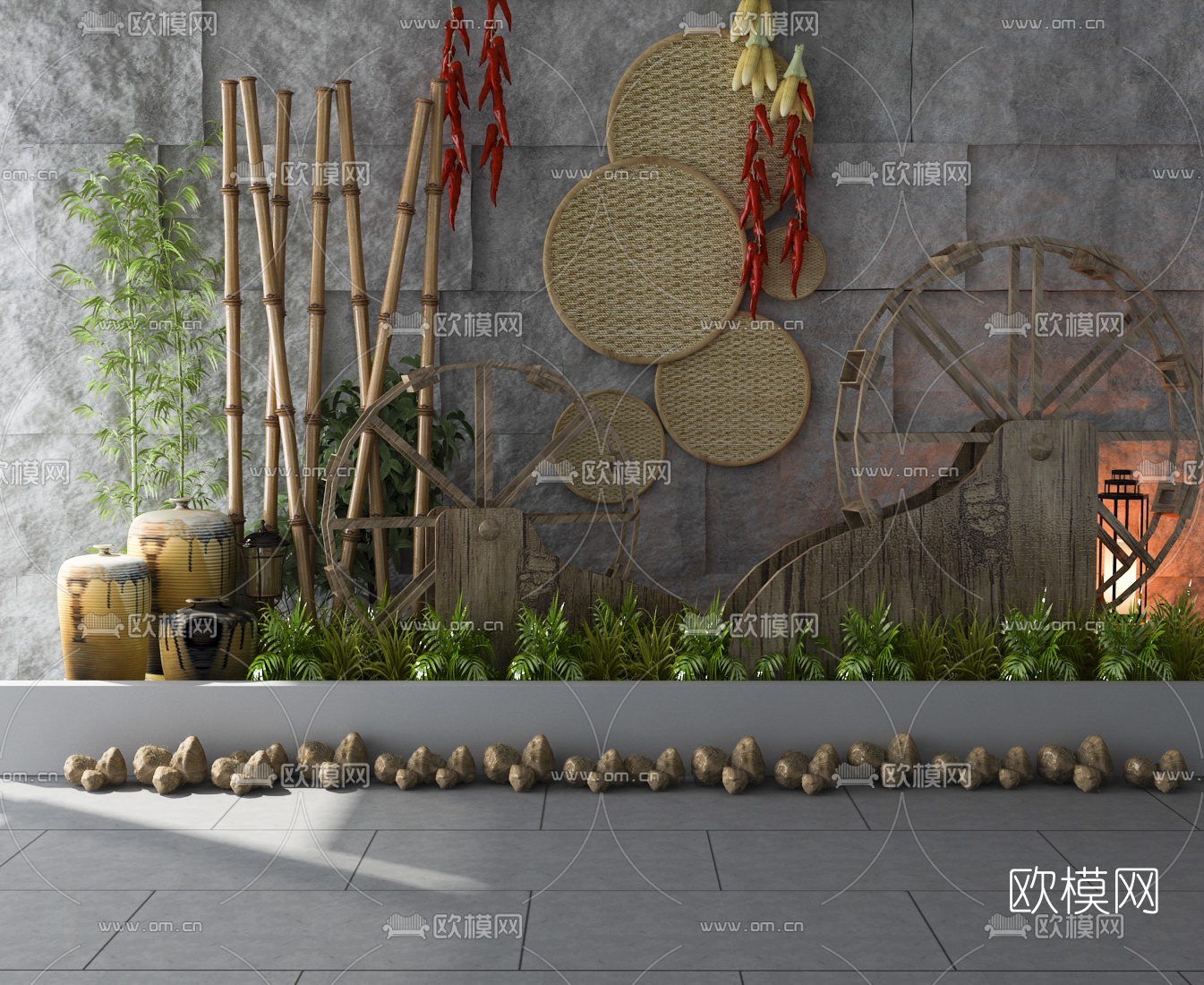 新中式水车枯竹民俗小品3d模型下载