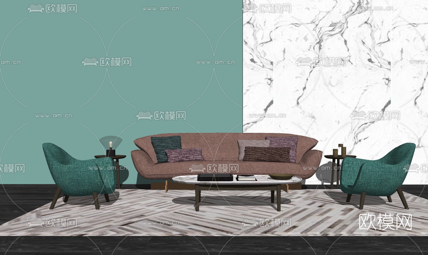 北欧布艺组合沙发su模型下载