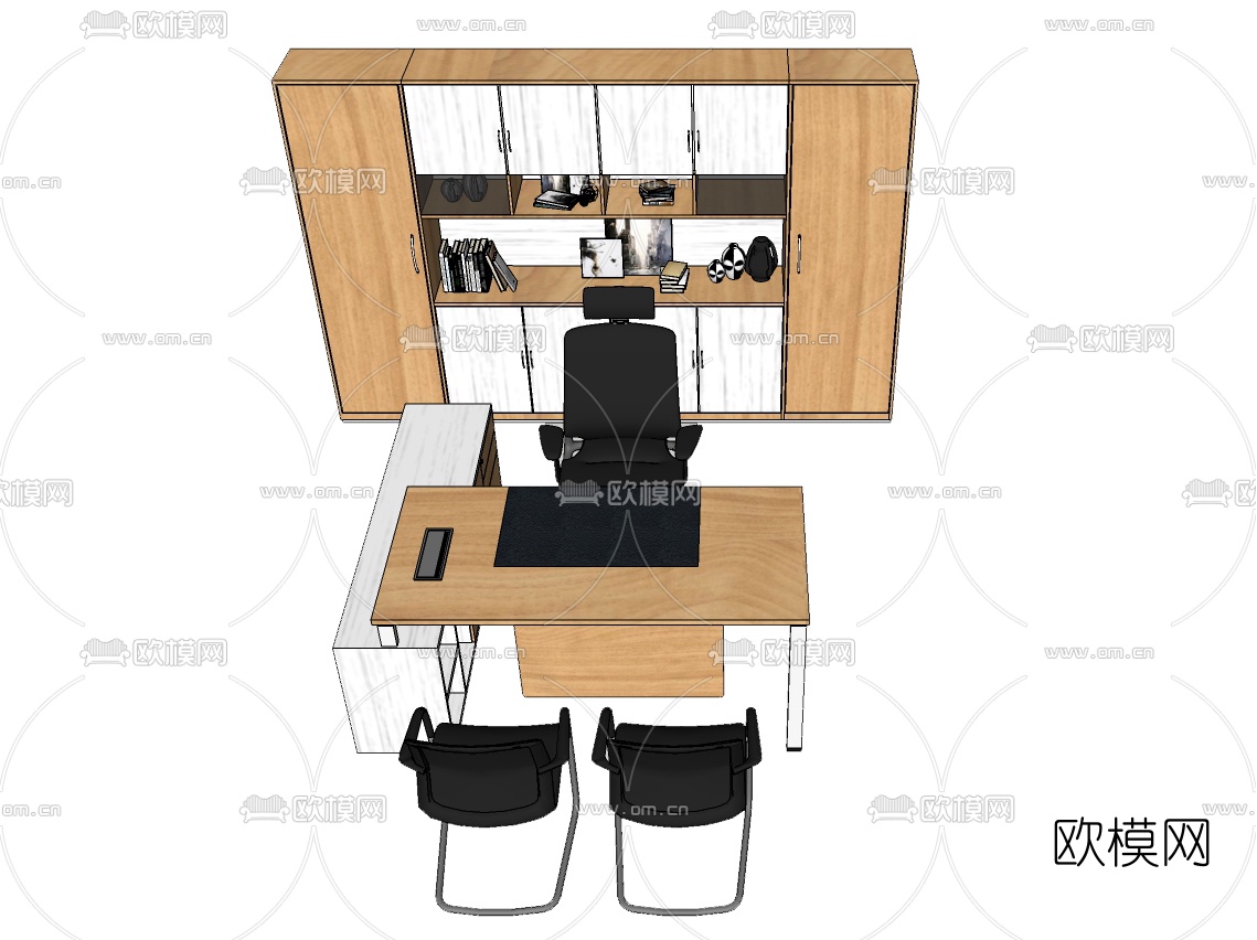 现代班台桌椅文件柜su模型下载（渲染图1）