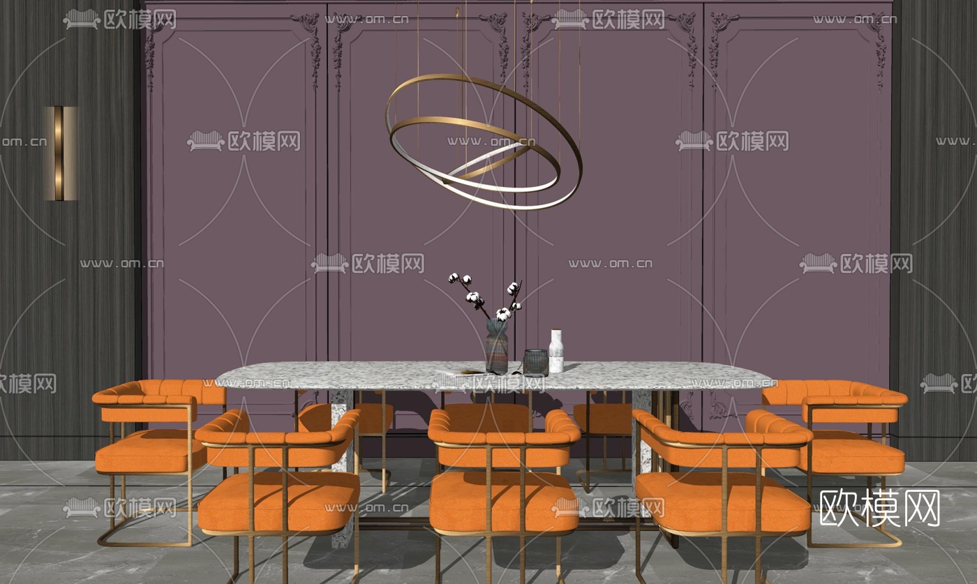 简欧条形餐桌椅su模型下载