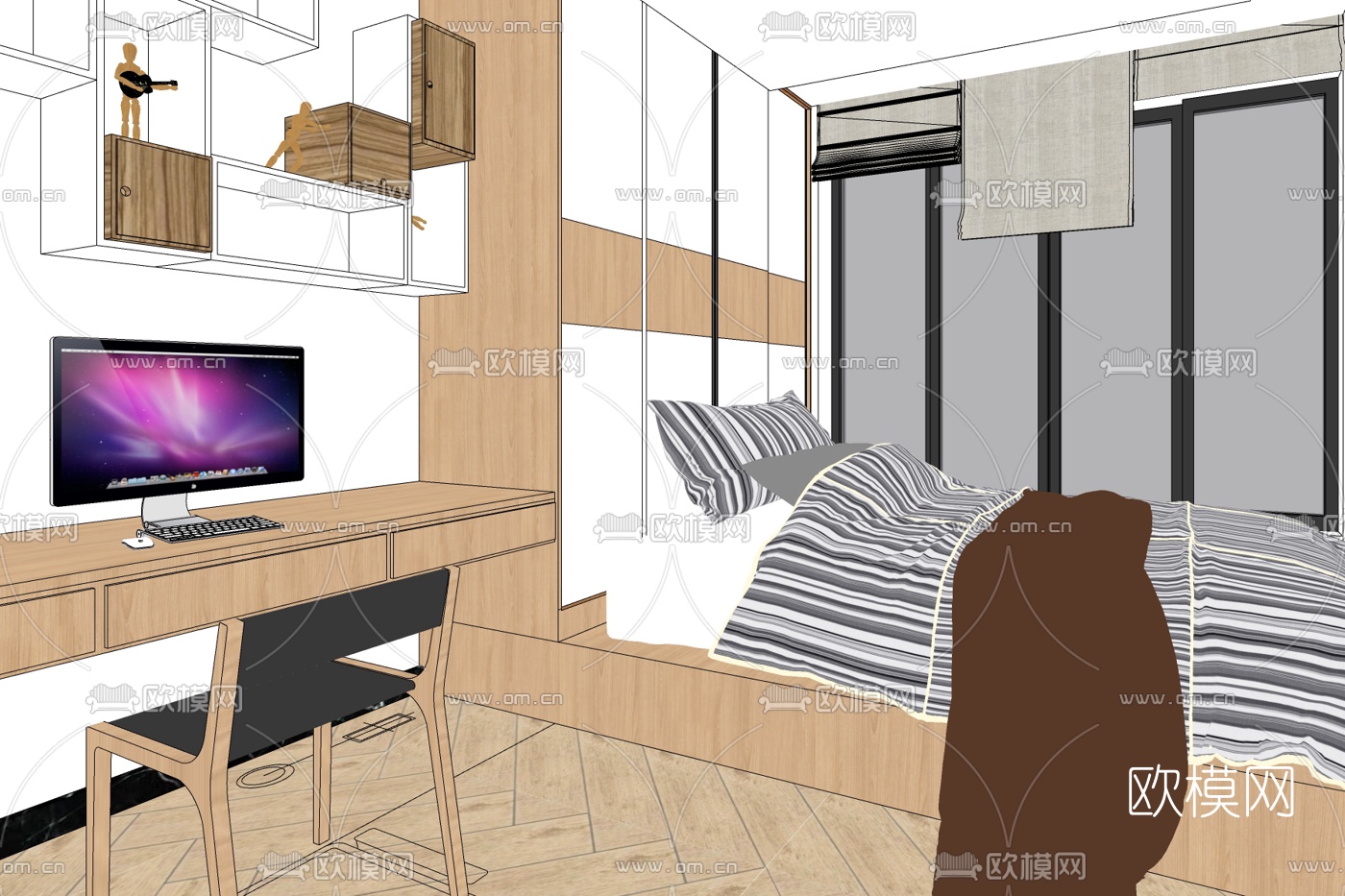 北欧榻榻米书房su模型下载