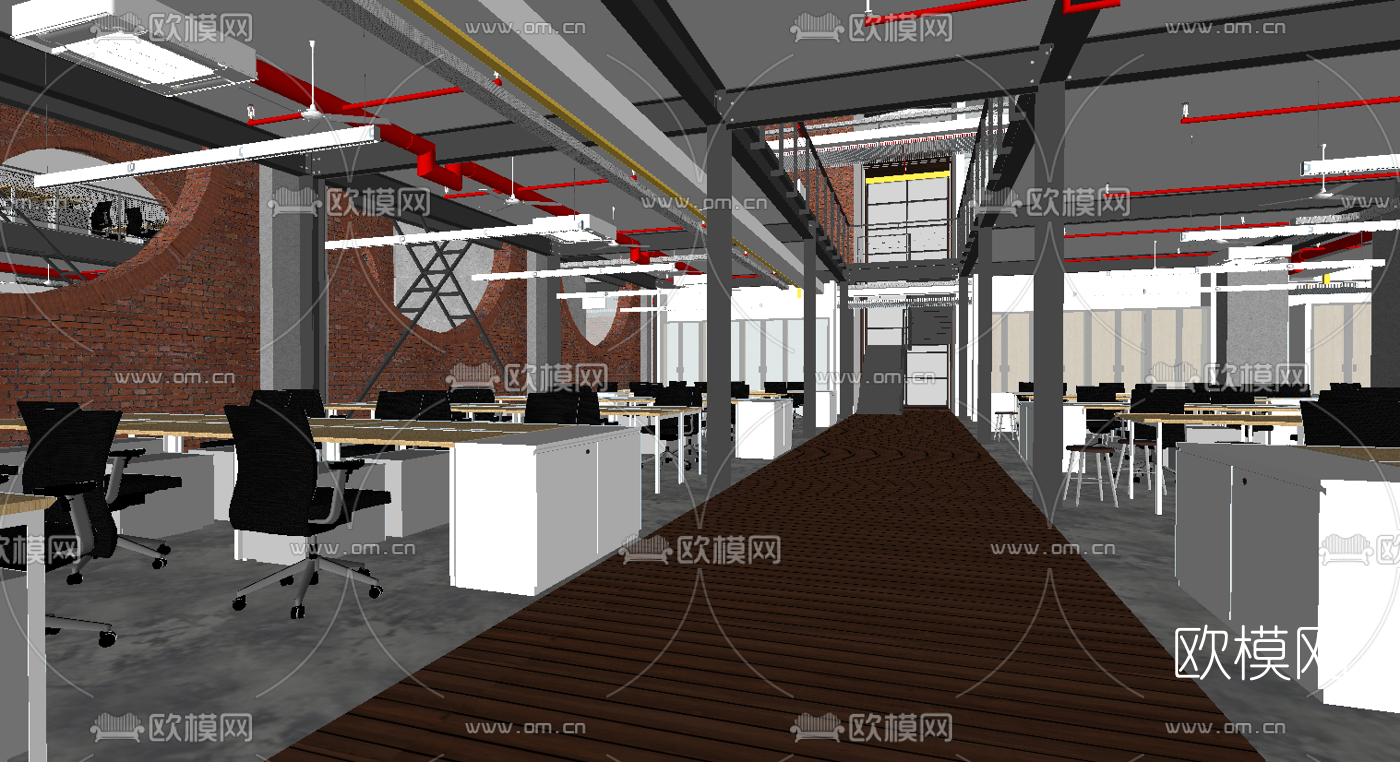 工业风敞开式办公区su模型下载（渲染图5）