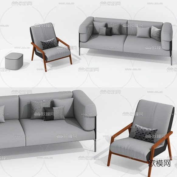 现代布艺双人沙发组合3d模型下载