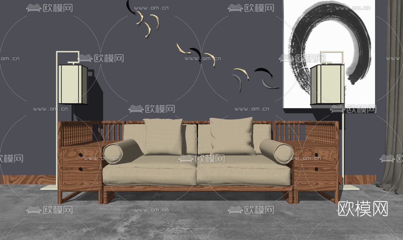 新中式实木双人沙发su模型下载