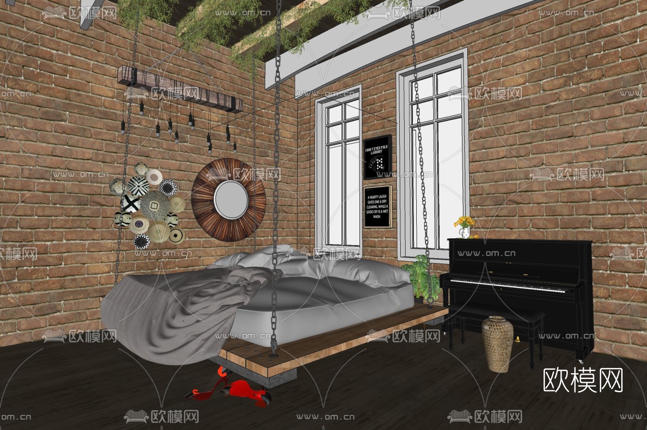 工业风卧室su模型下载（渲染图1）