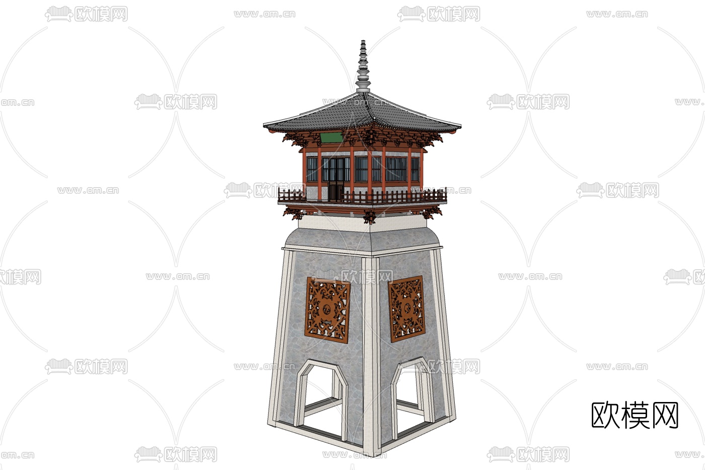 中式塔楼建筑免费su模型下载