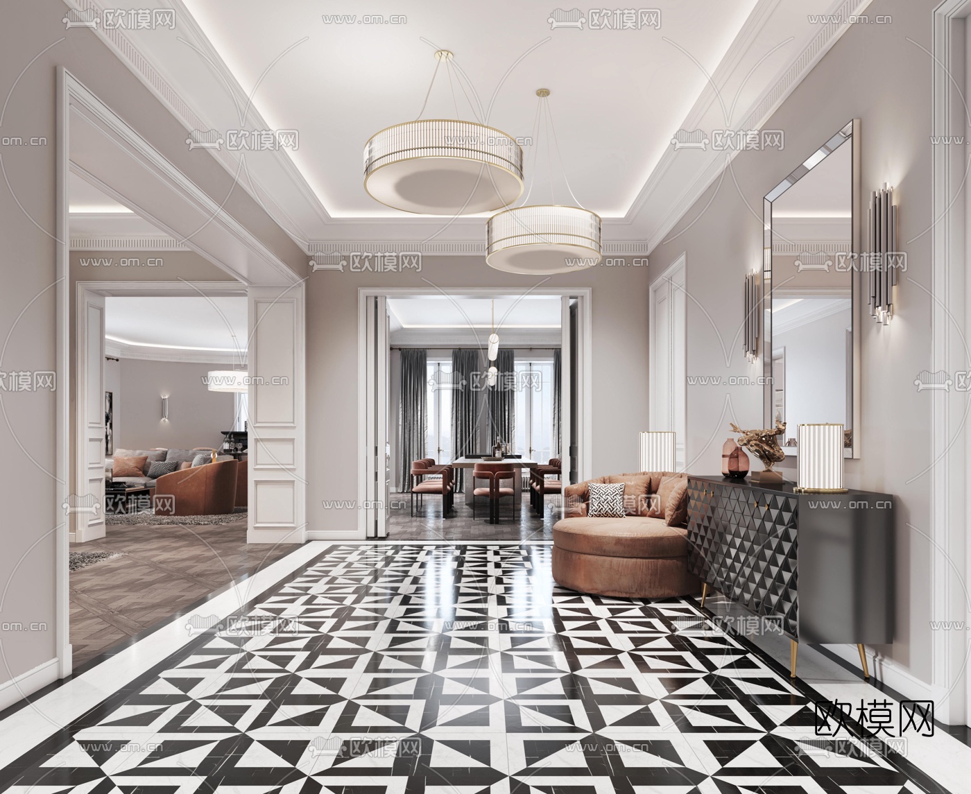 简欧轻奢玄关过道3d模型下载（渲染图1）