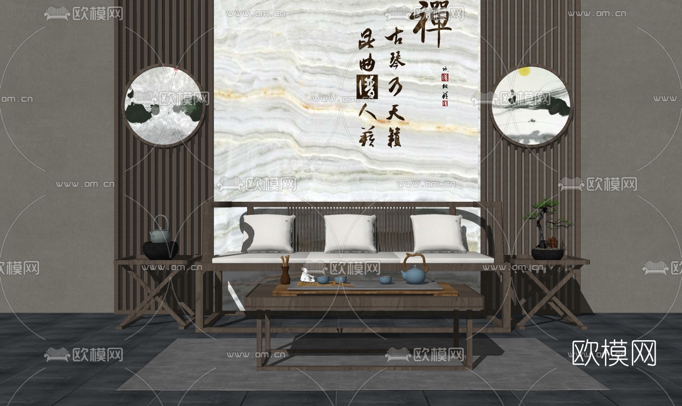 新中式实木多人沙发su模型下载