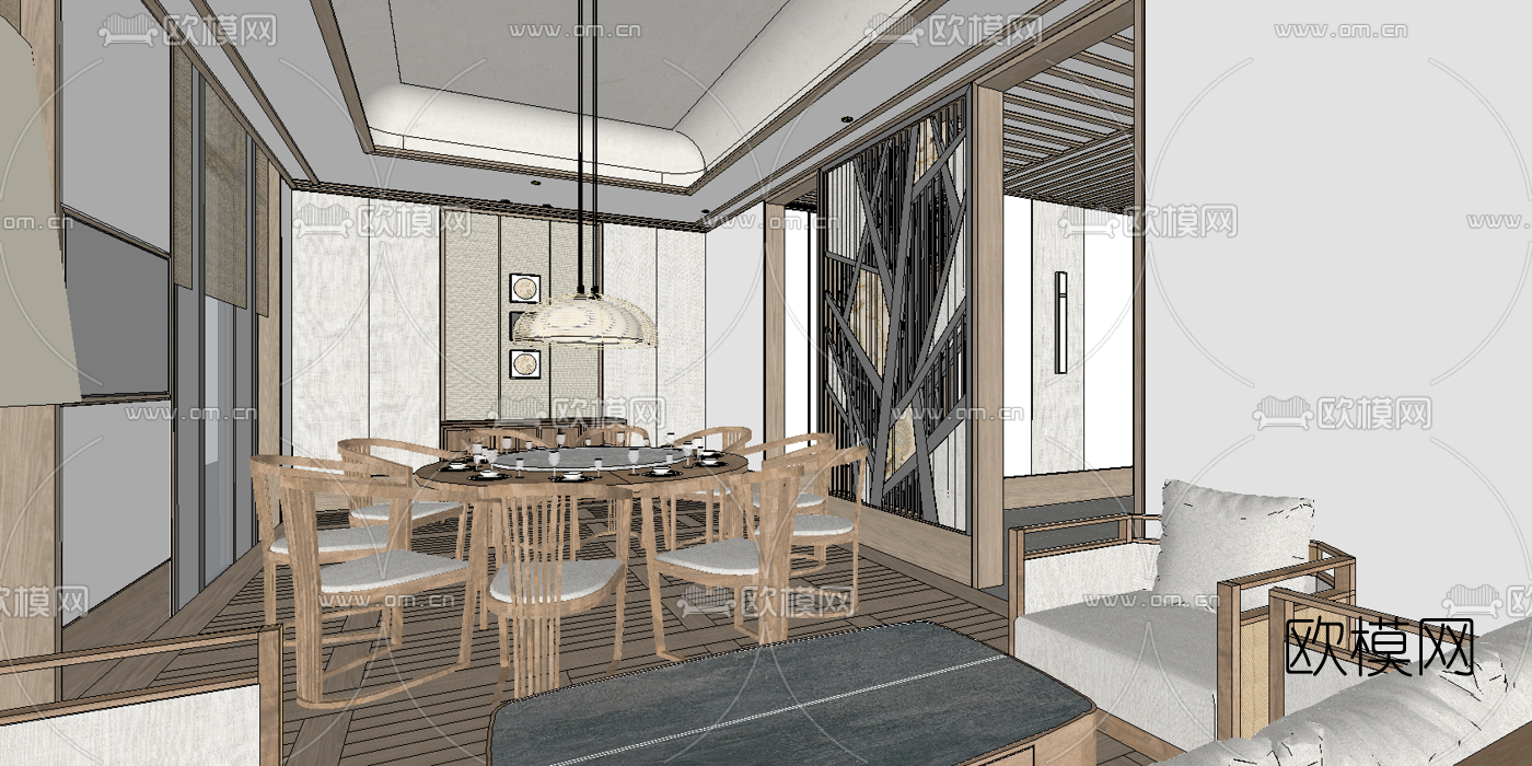 新中式餐厅包间su模型