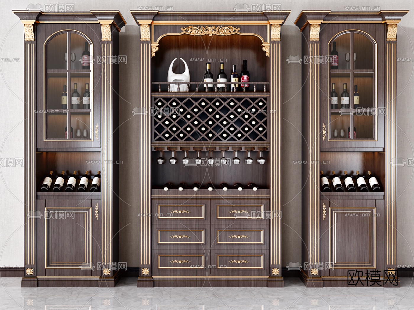 美式实木多功能酒柜3d模型下载