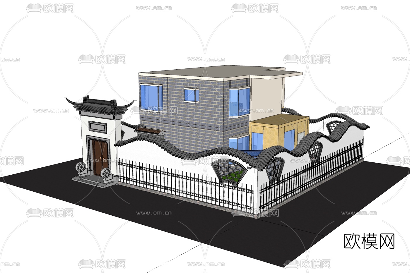 中式庭院别墅外观免费su模型下载