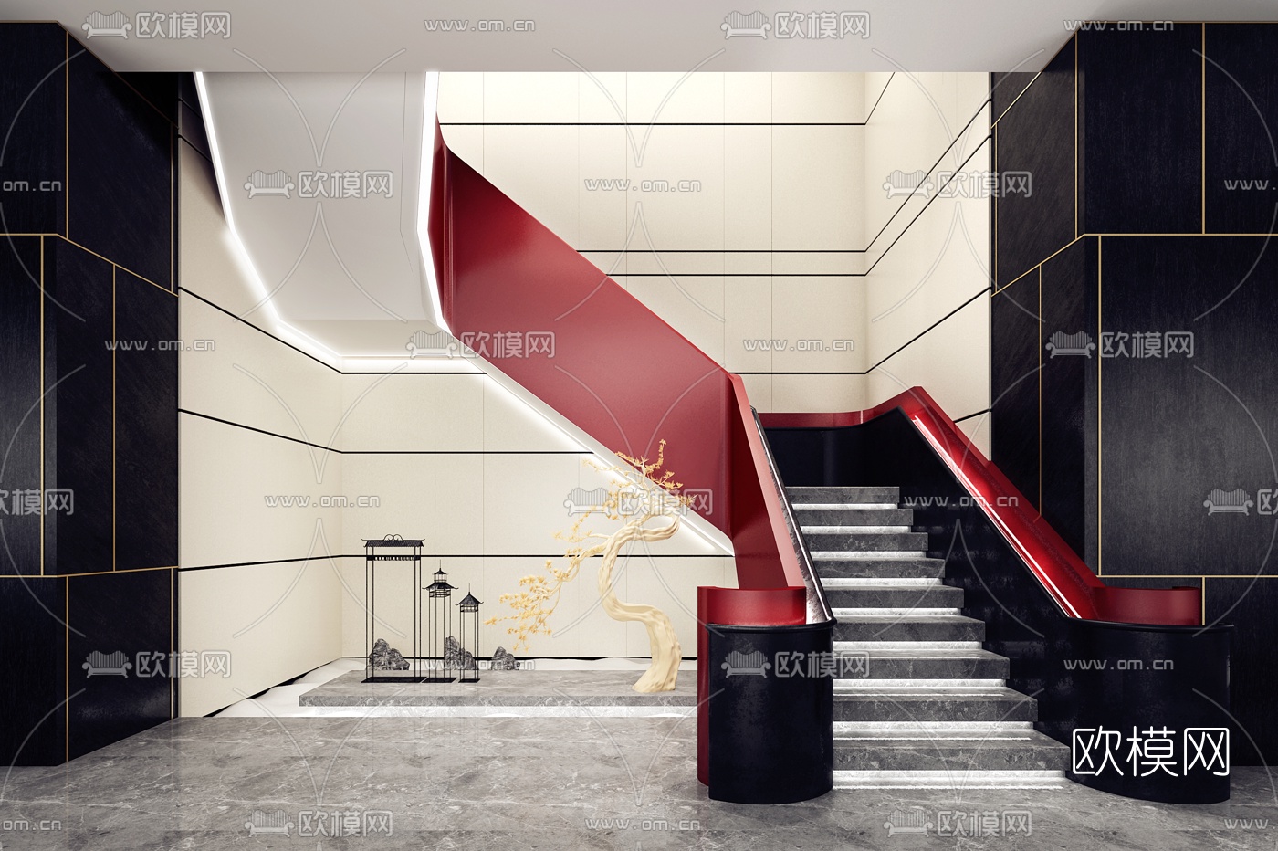 柏舍设计 新中式售楼处楼梯过道3d模型下载（渲染图1）