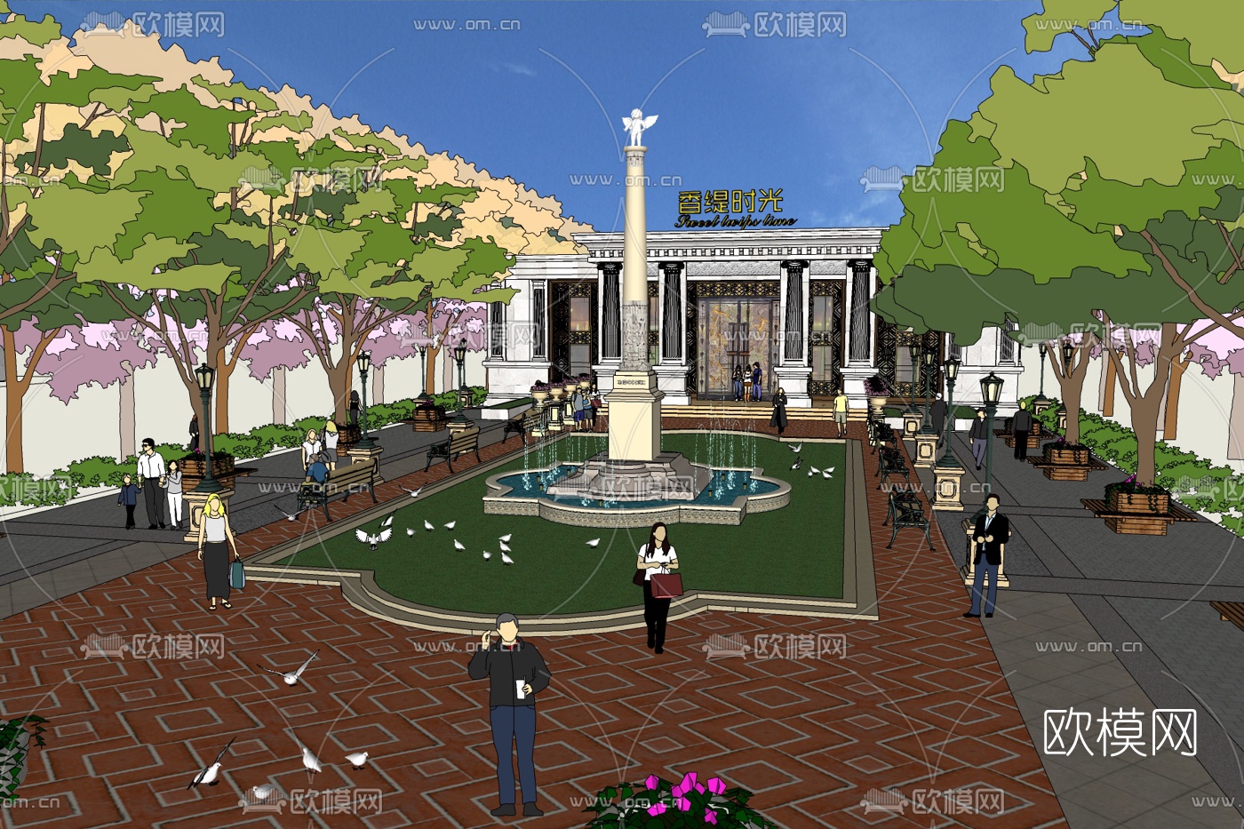 新中式公园景观免费su模型下载