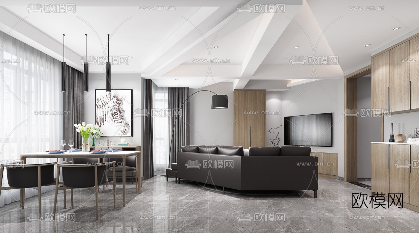 北欧客厅餐厅3d模型下载（渲染图2）