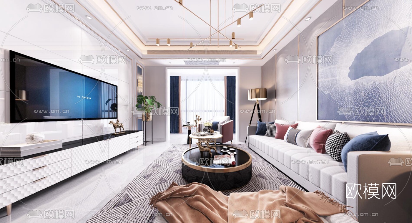 现代轻奢客厅餐厅vr全景3d模型