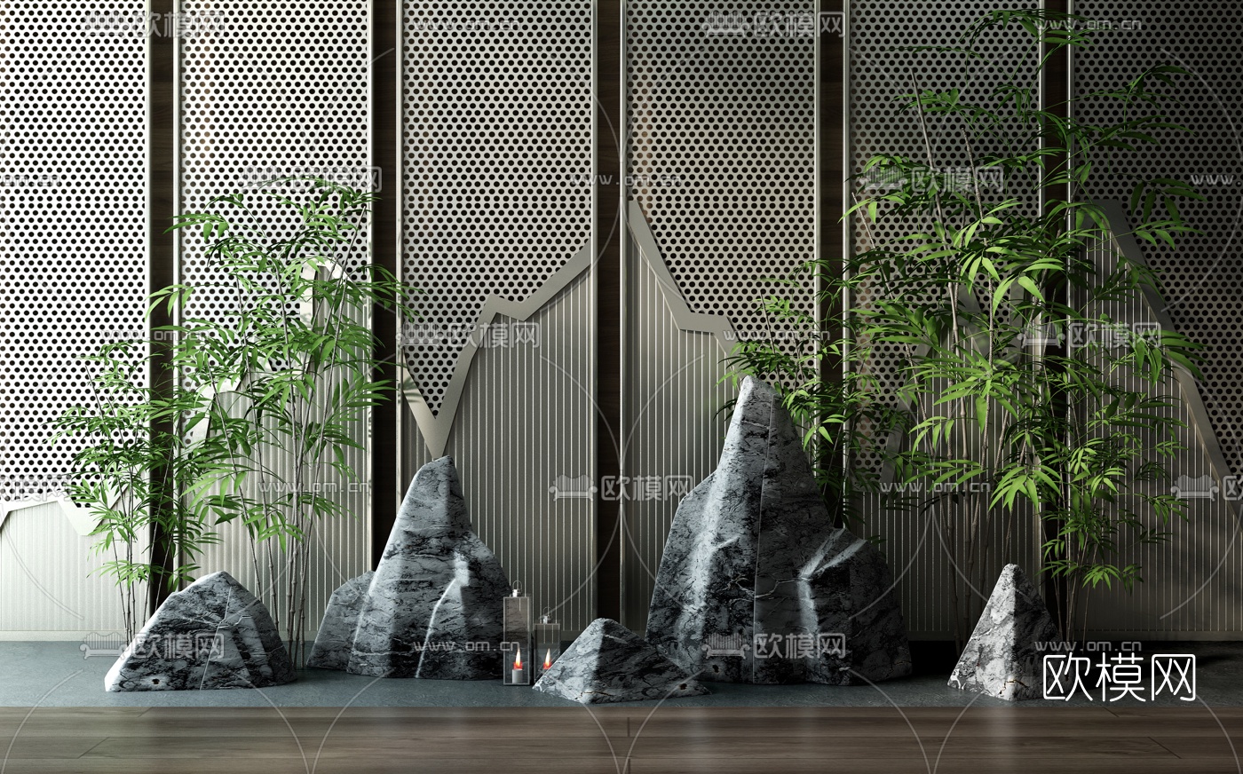 新中式假山景观小品3d模型下载（渲染图1）