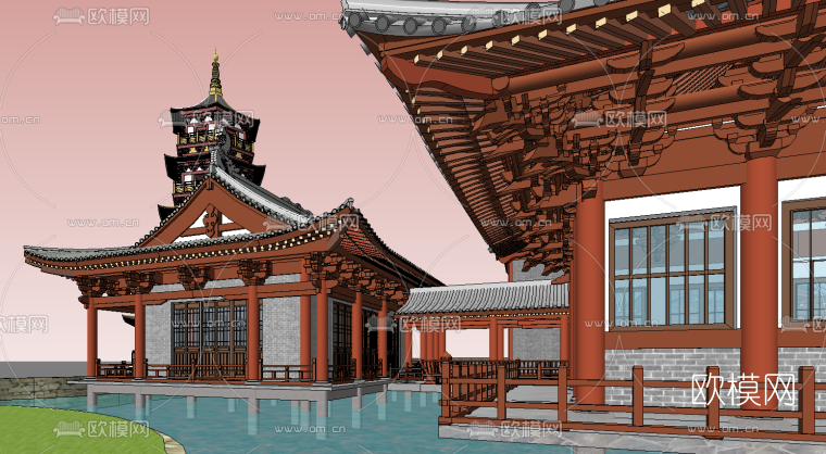 中式古建房屋塔楼su模型