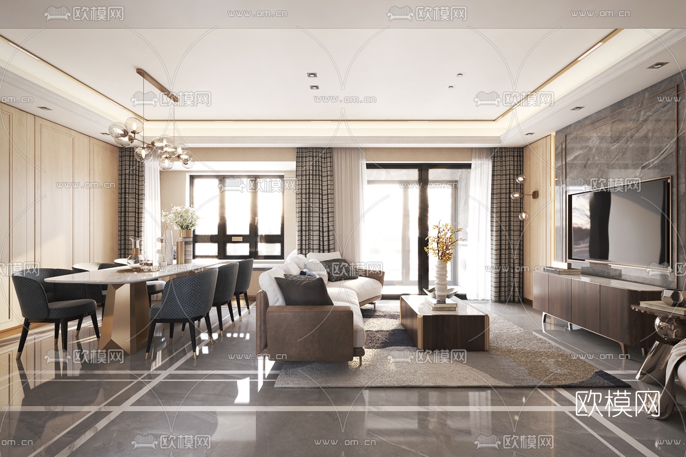 奥迅设计 现代轻奢客厅餐厅3d模型