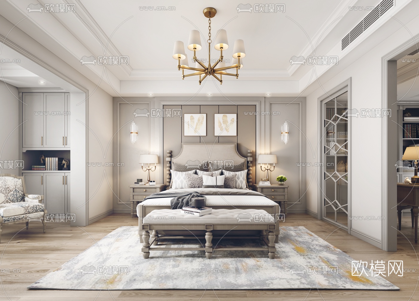 美式主人房卧室3d模型下载（渲染图1）