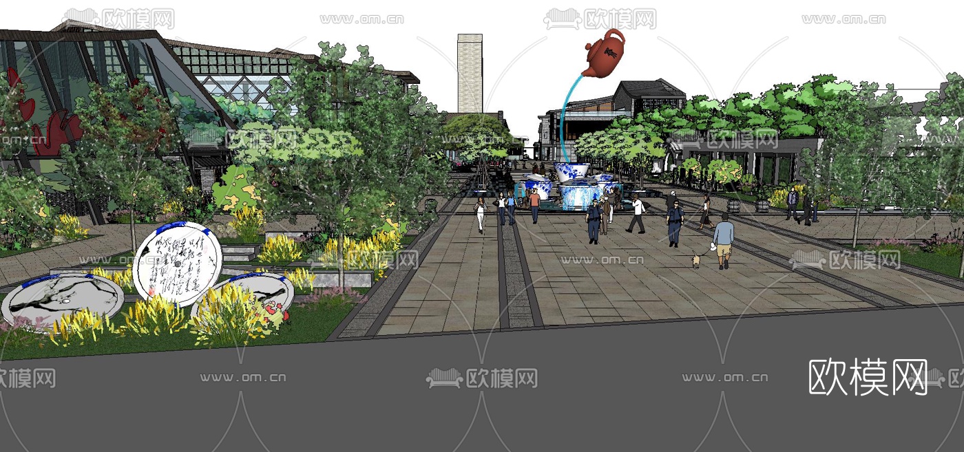中式商业街su模型下载（渲染图2）