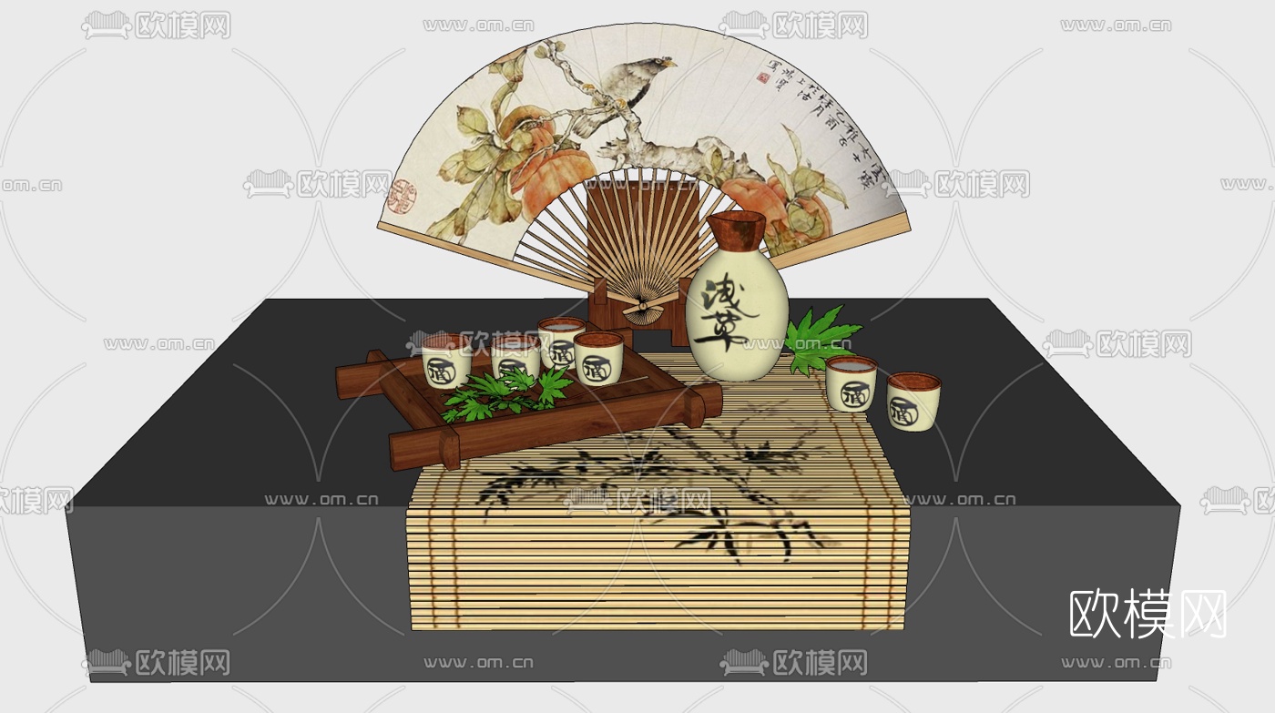 日式茶具摆件组合su模型下载