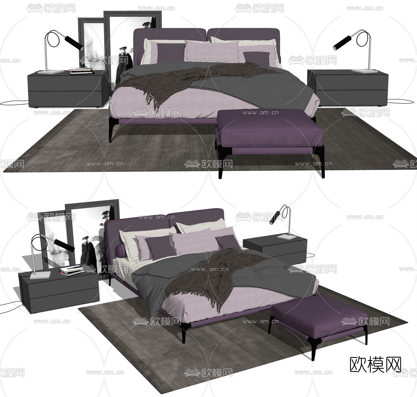 现代布艺双人床su模型