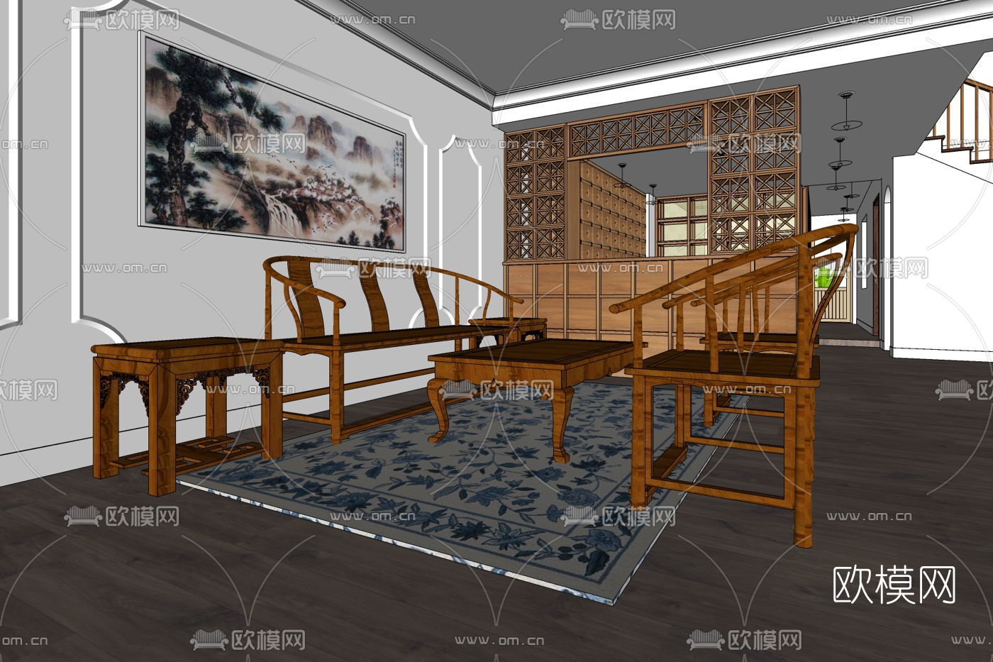 中式客厅免费su模型下载