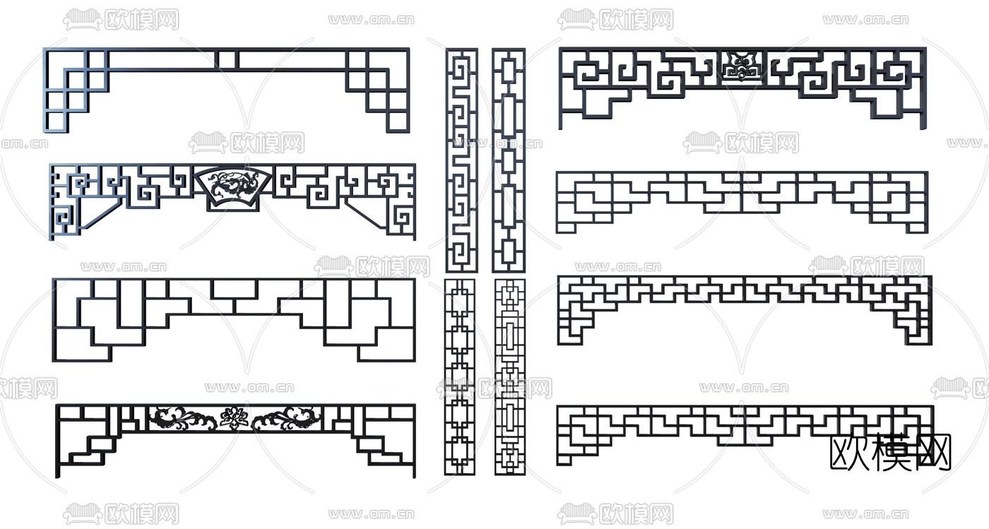 新中式花格门楣挂落雕花3d模型下载
