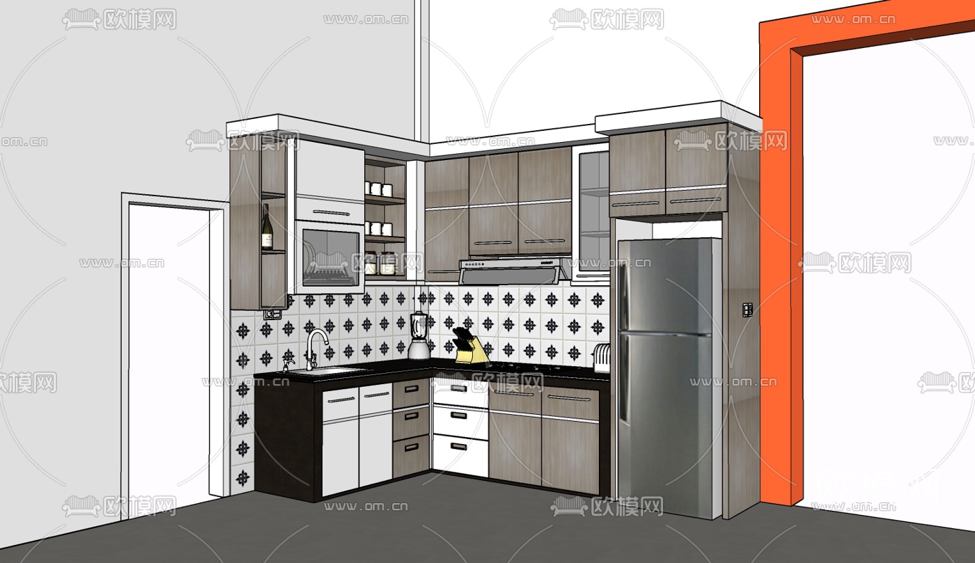 现代实木橱柜免费su模型下载