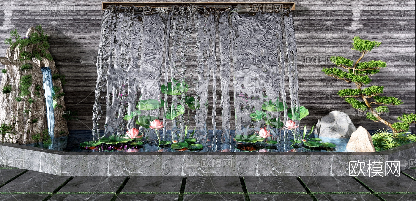 新中式荷花水景假山园艺小品3d模型