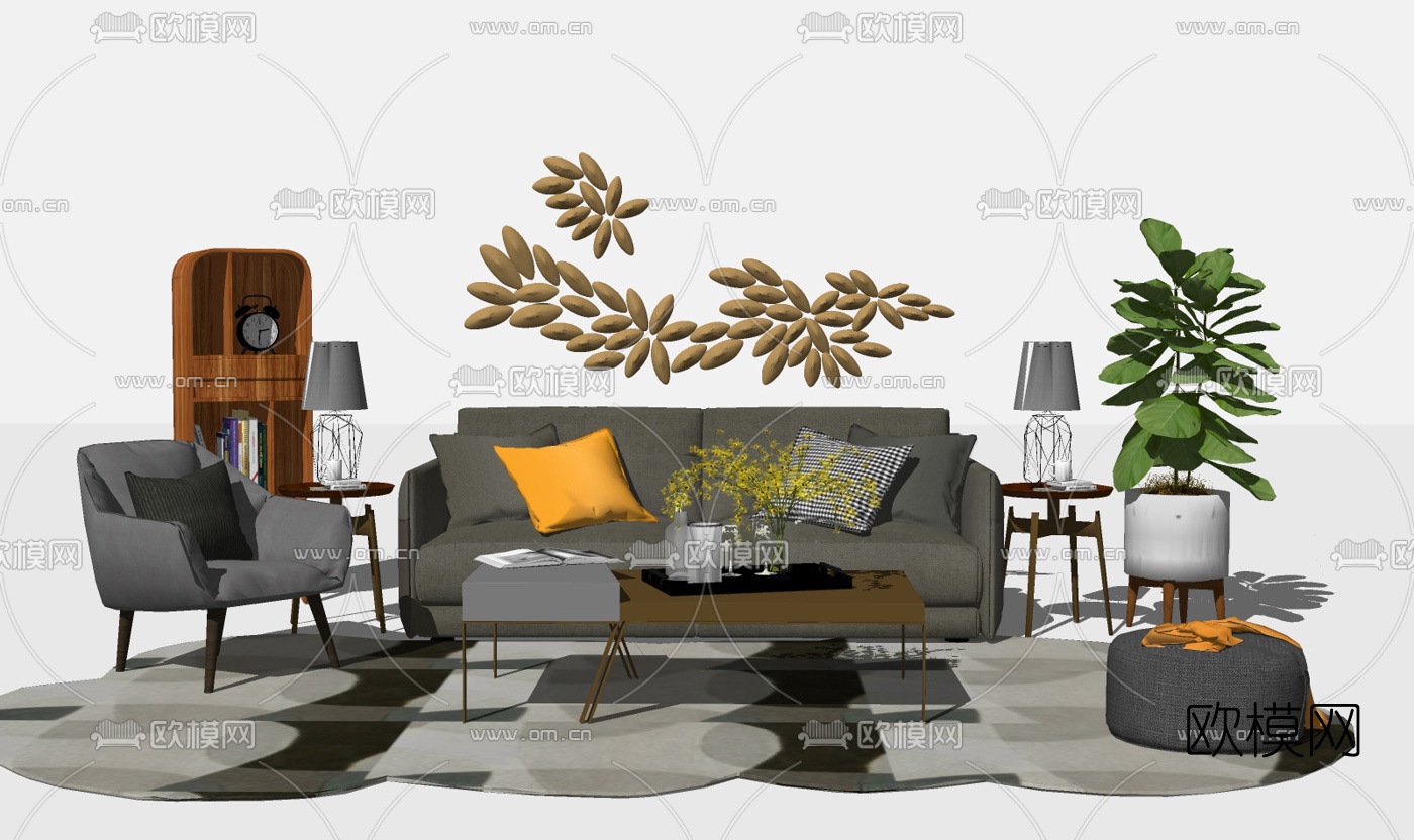北欧布艺组合沙发su模型下载