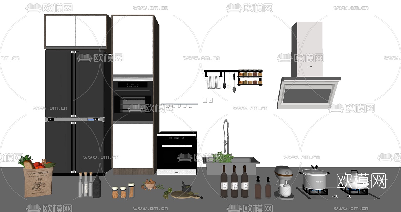 现代冰箱烤箱油烟机组合su模型下载