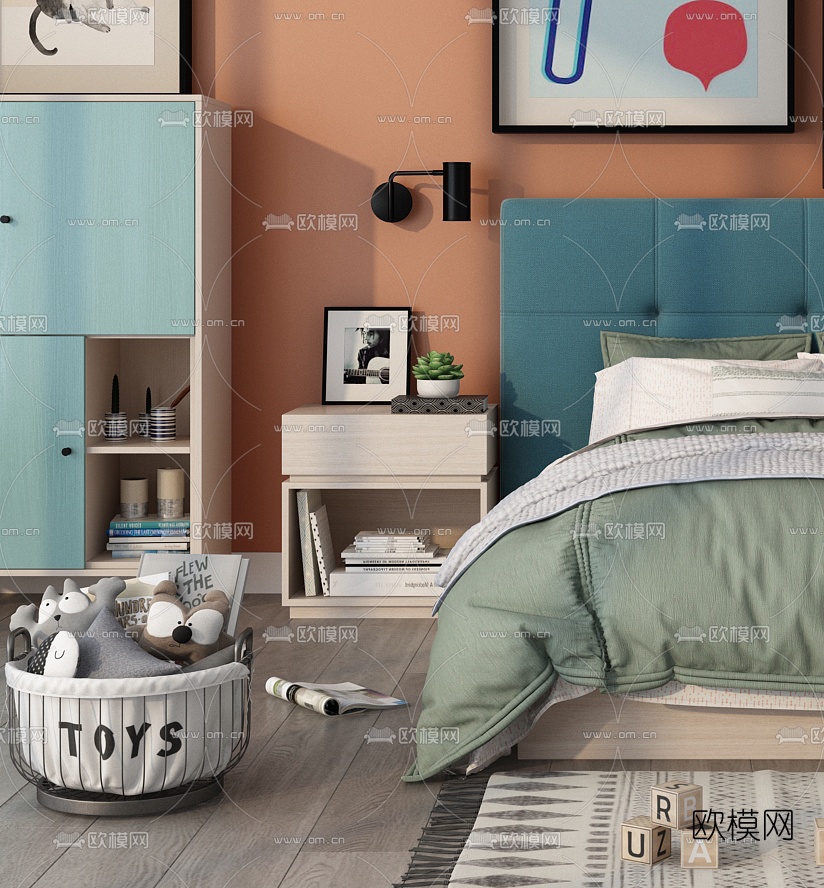 北欧布艺儿童床3d模型下载（渲染图2）