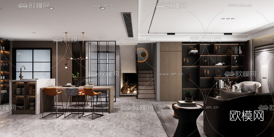 现代轻奢客厅餐厅3d模型下载(渲染图2)
