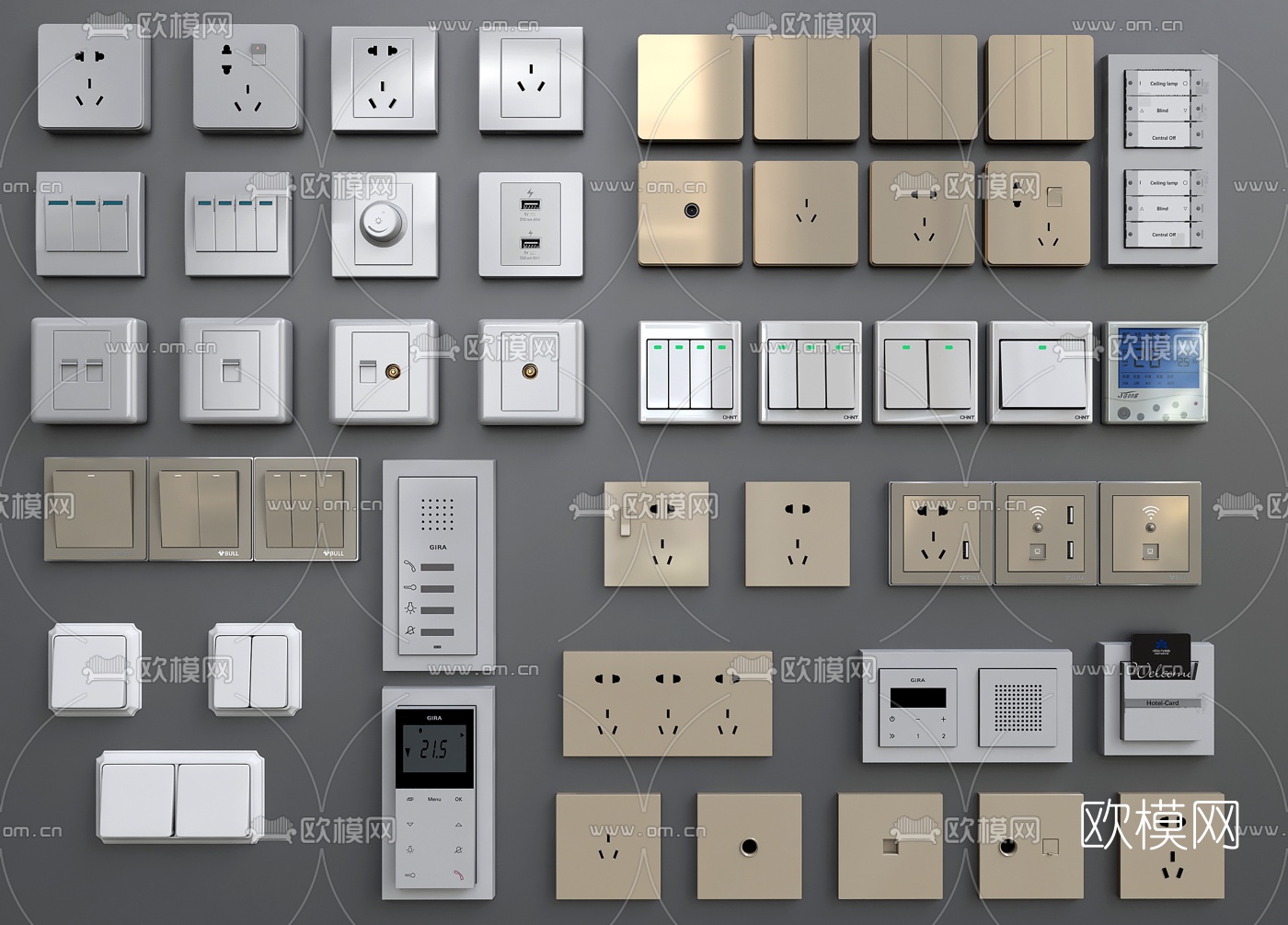 现代开关插座面板组合3d模型下载