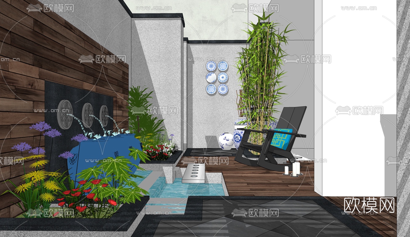 新中式别墅庭院景观su模型下载（渲染图1）