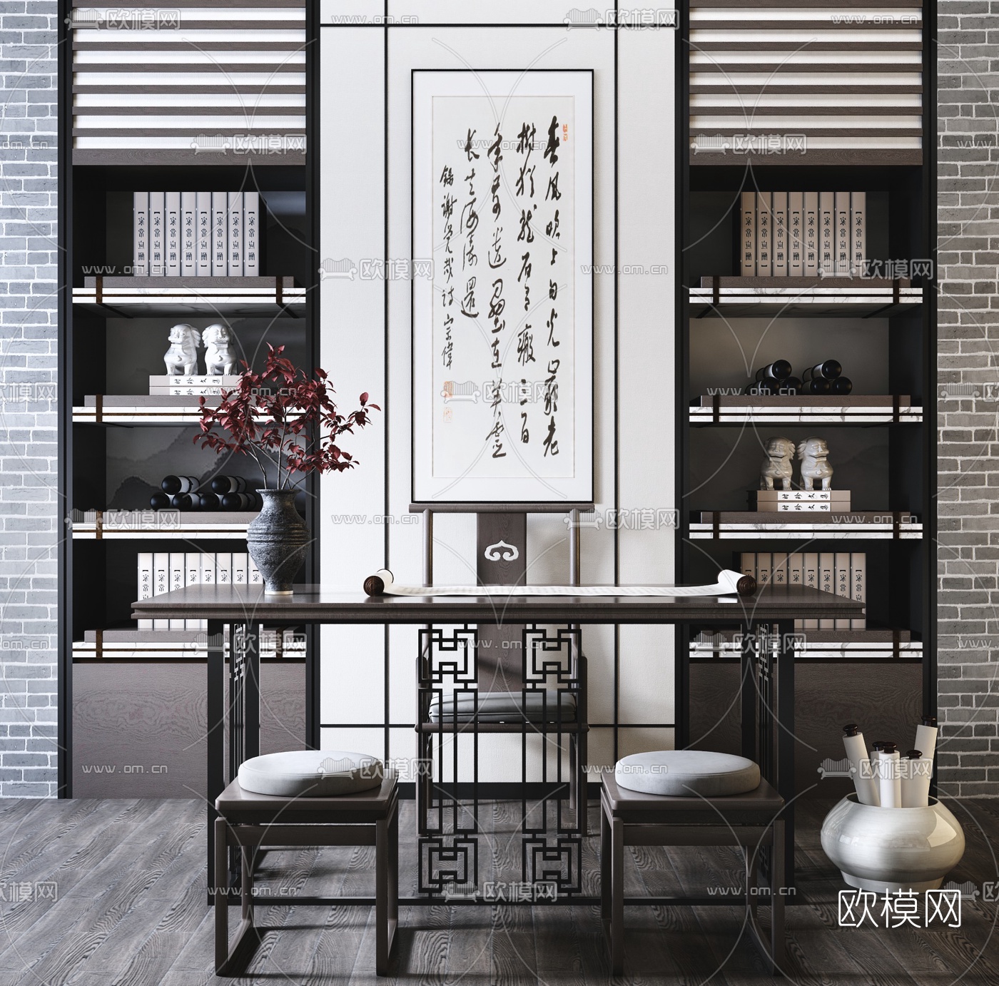 新中式禅意实木书桌组合3d模型