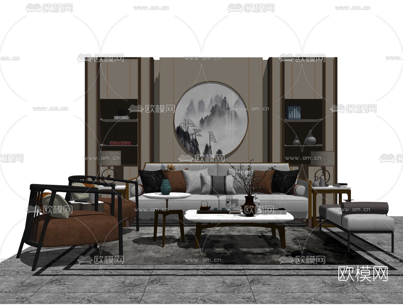 新中式布艺沙发组合su模型下载（渲染图2）