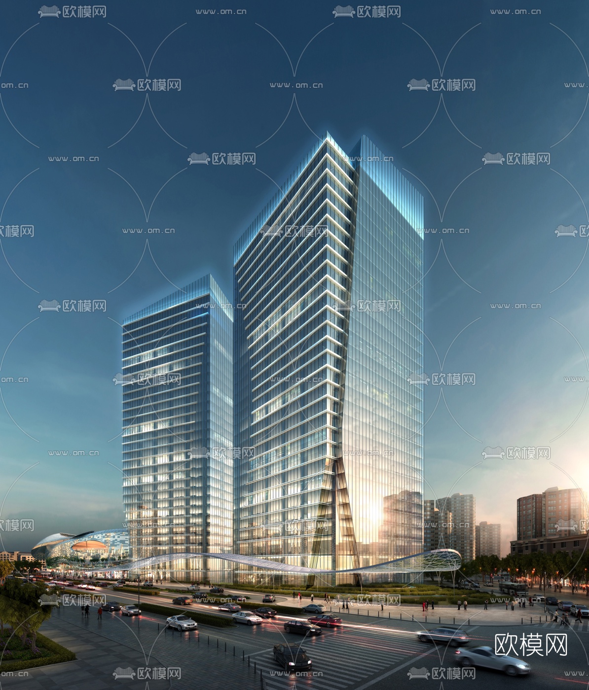现代写字楼夜景建筑外观3d模型下载