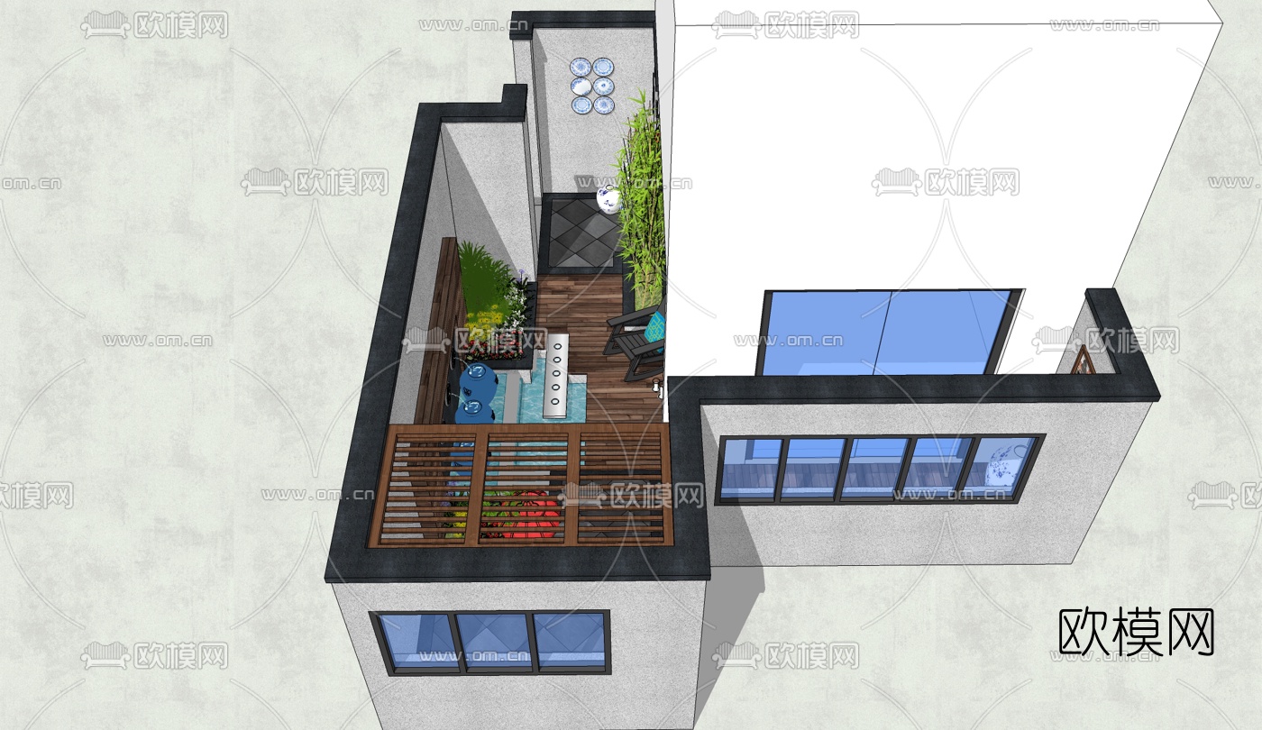 新中式别墅庭院景观su模型下载（渲染图2）