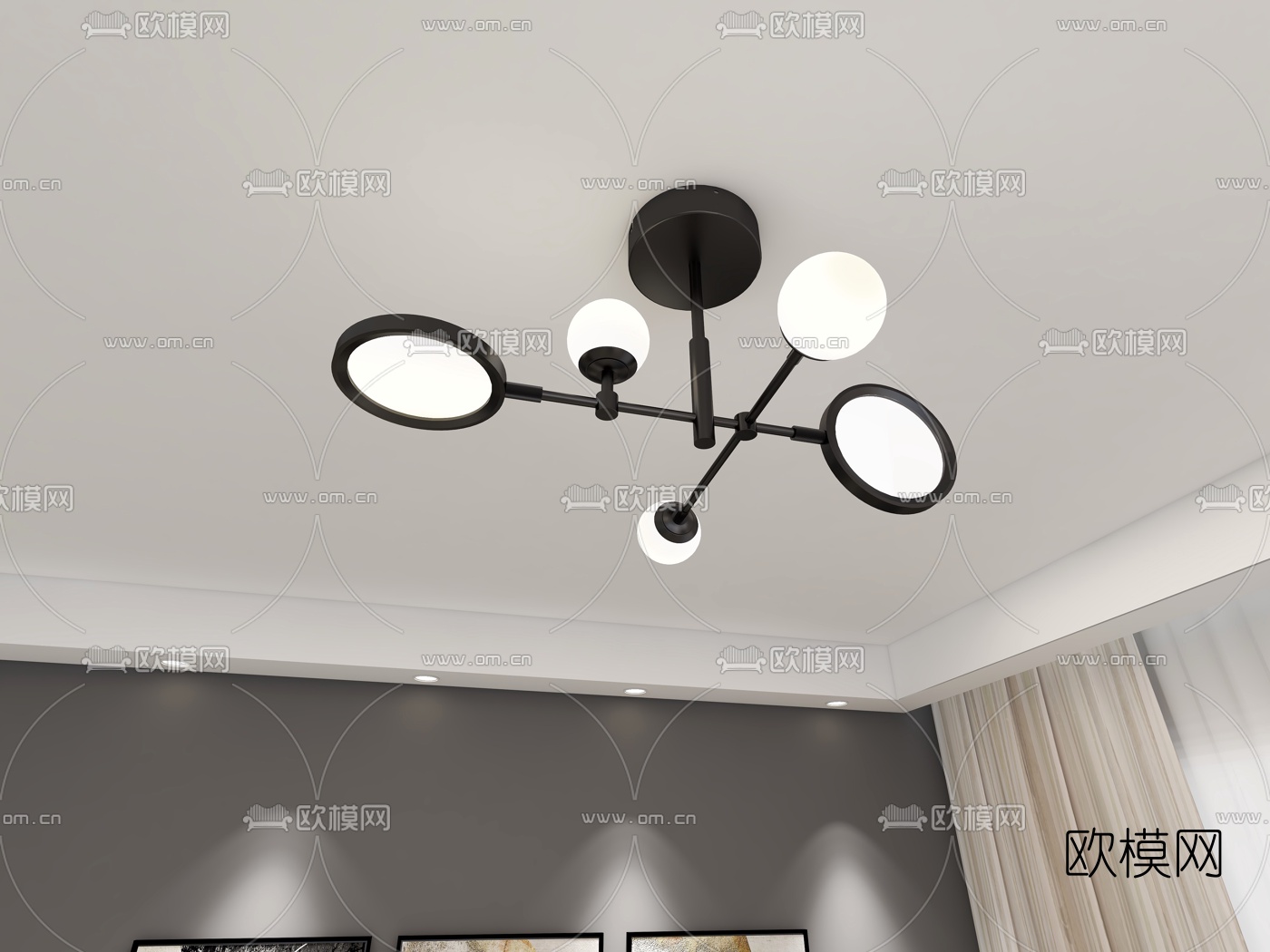 现代金属多头吸顶吊灯免费3d模型下载（渲染图2）
