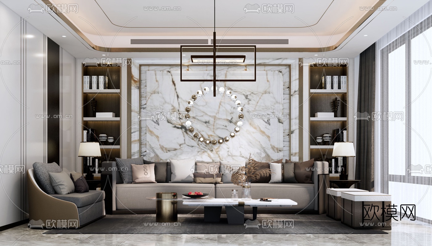 现代轻奢客厅su模型下载（渲染图1）