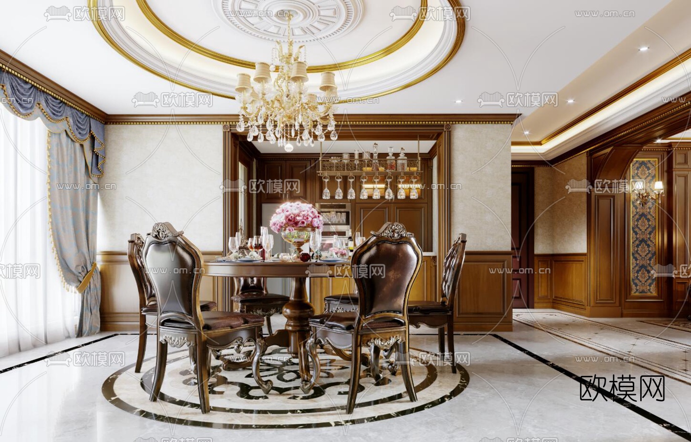 欧式古典客厅餐厅3d模型下载（渲染图4）
