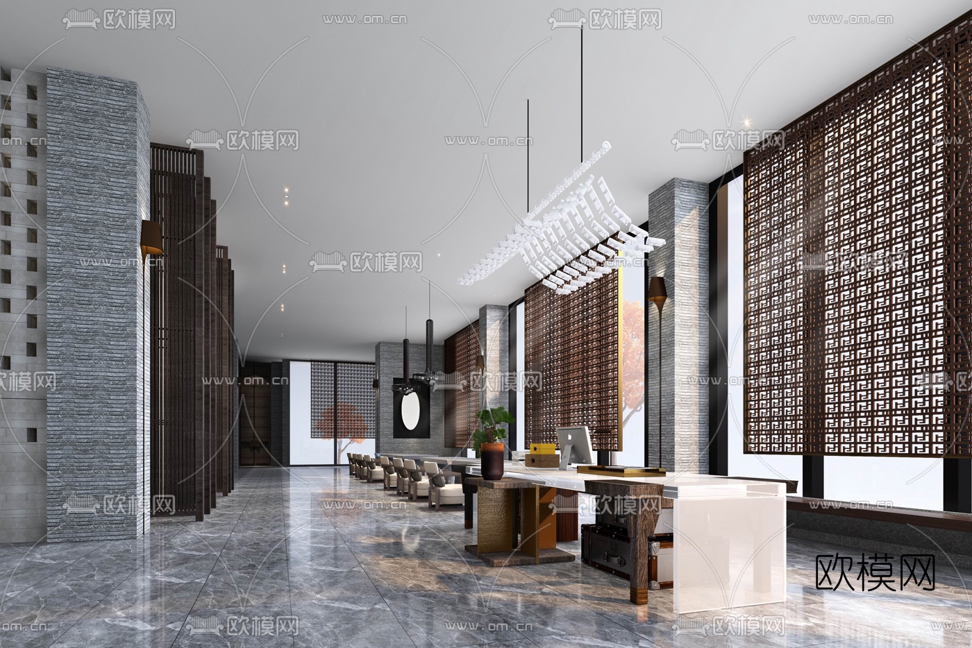 新中式酒店大堂吧3d模型