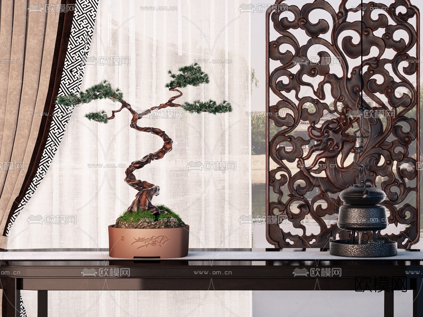 新中式仿真松树盆景摆件3d模型