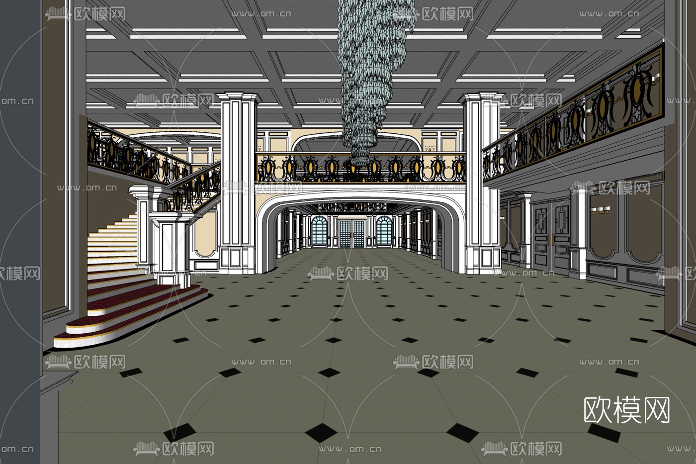 简欧酒店大堂免费su模型下载