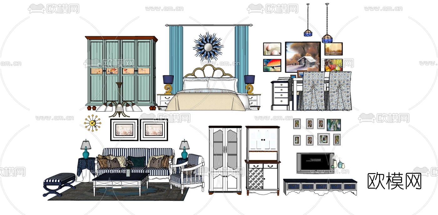 地中布艺沙发组合su模型下载