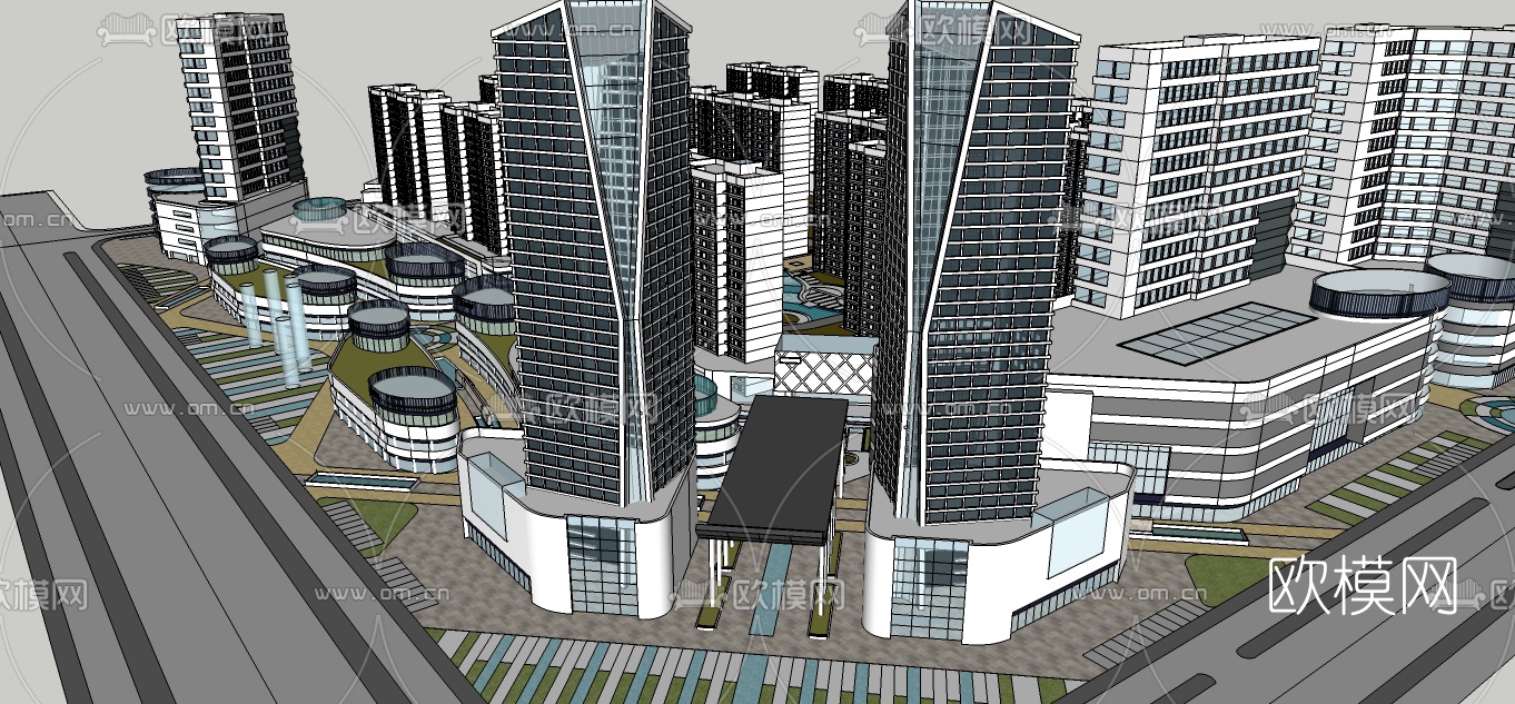 现代商业街规划su模型下载