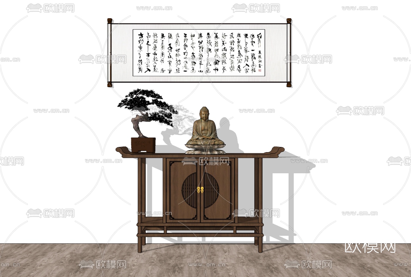 中式实木端景柜su模型下载（渲染图1）